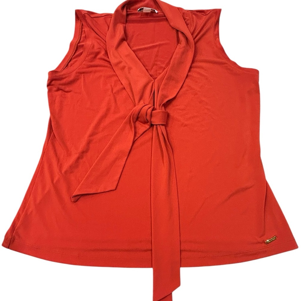 Calvin Klein Vibrant Red Sleeveless Blouse with‎ Tie Collar Large